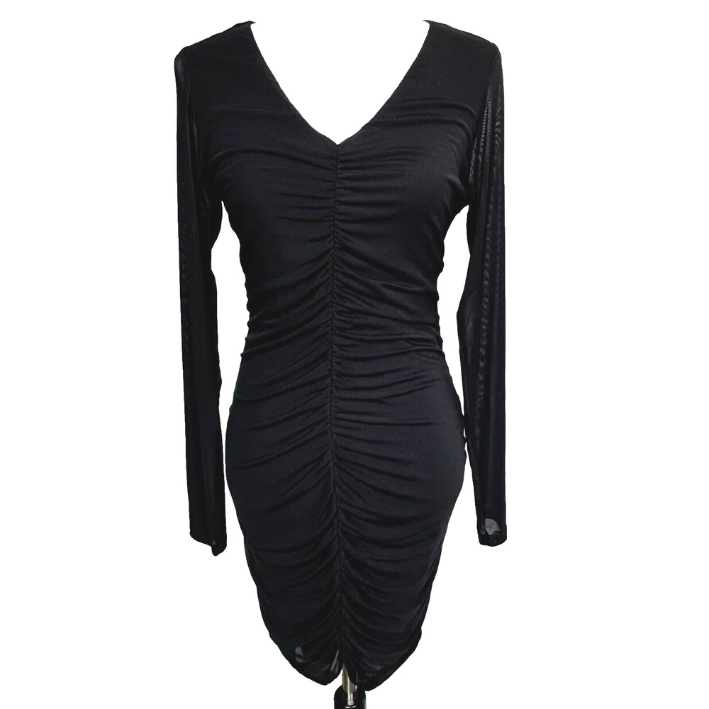 LULUS NWT Women's Large Little Black Dress Lined Sheer Long Sleeves Ruched‎ Midi